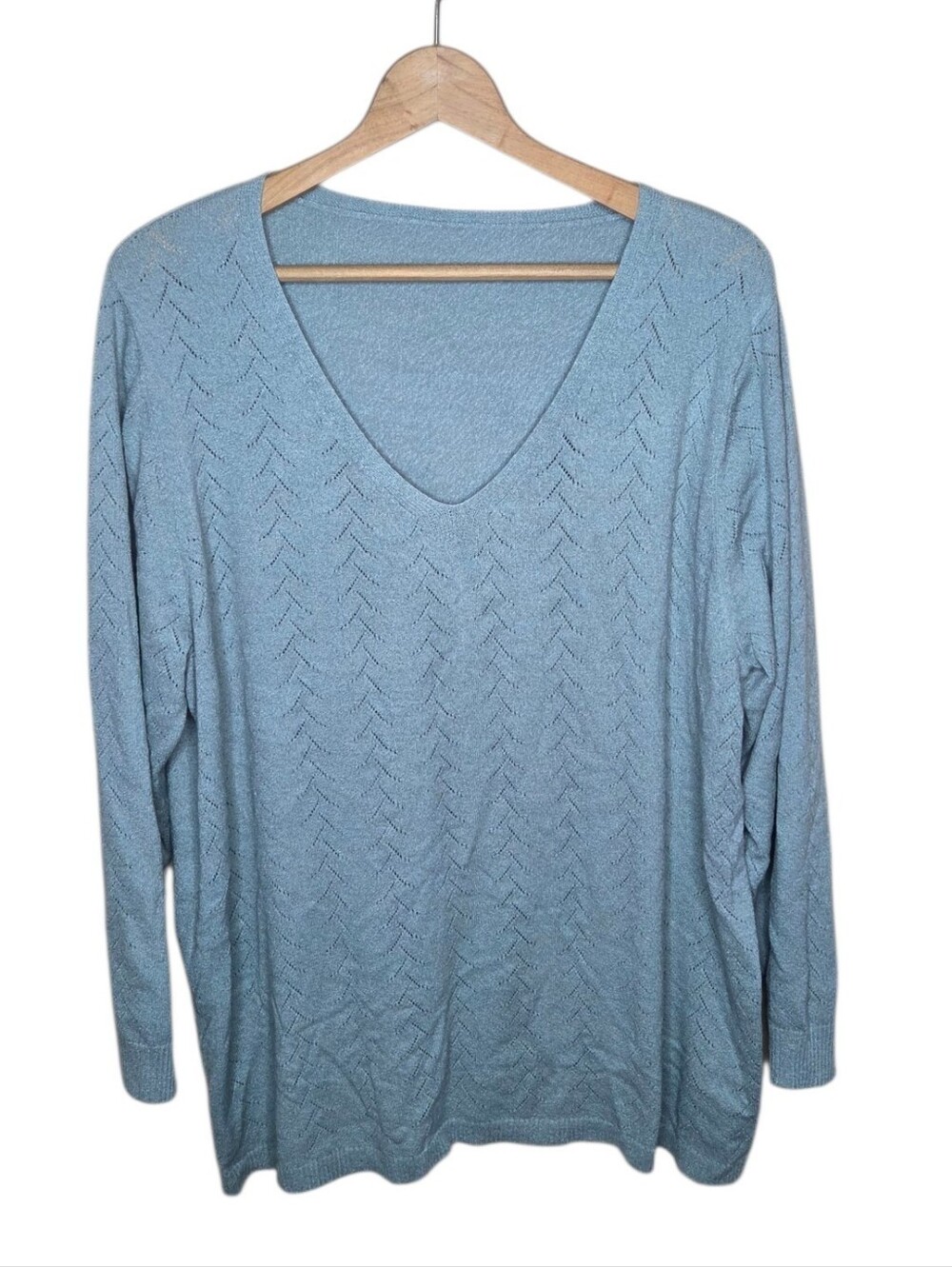 Bloomchic Blue Pointelle Knit V-neck Pullover Sweater Size US 14-16